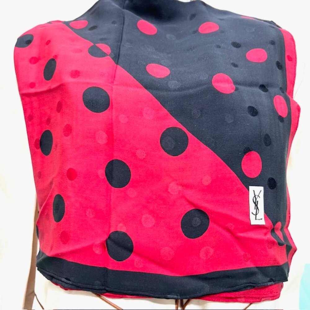 Yves Saint Laurent 100% Silk Satin scarf 33"  black red pocka dots (66 - Picture 6 of 13
